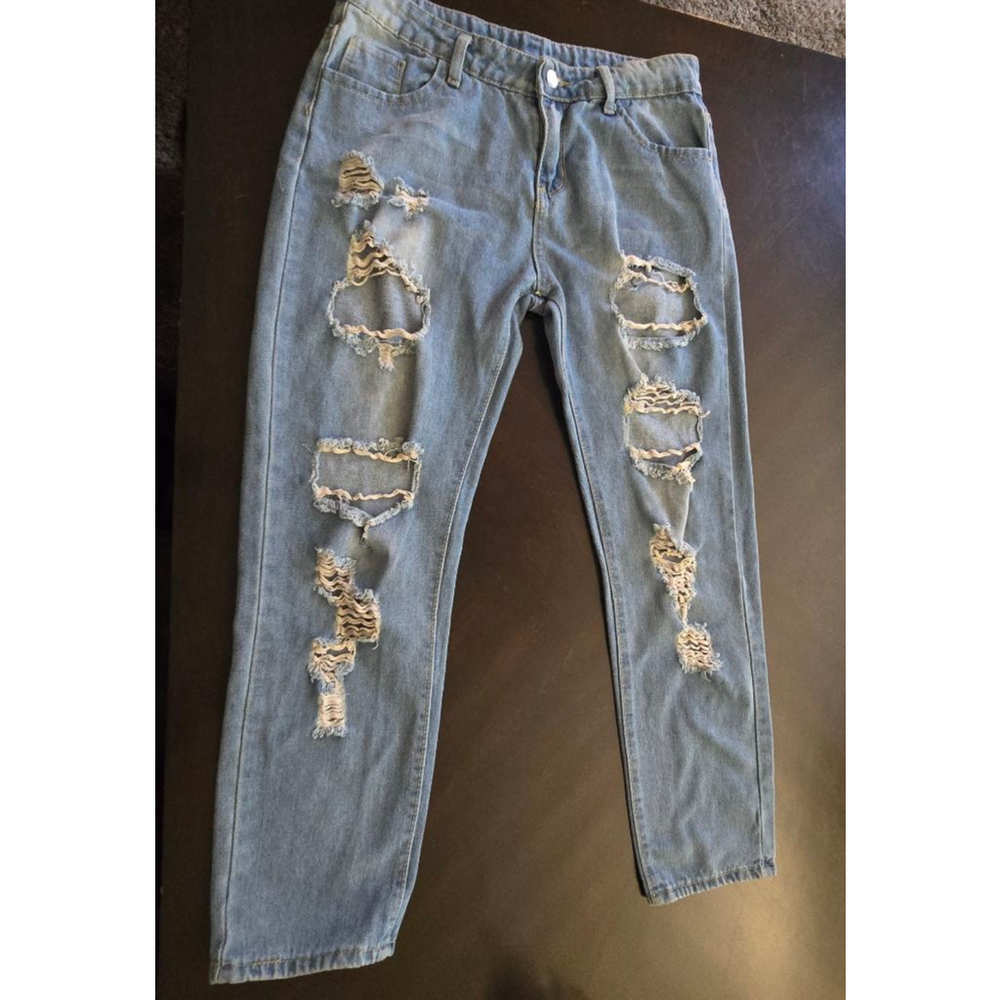 Women's Vintage Grunge Blue Distressed Shredded Straight Leg Jeans